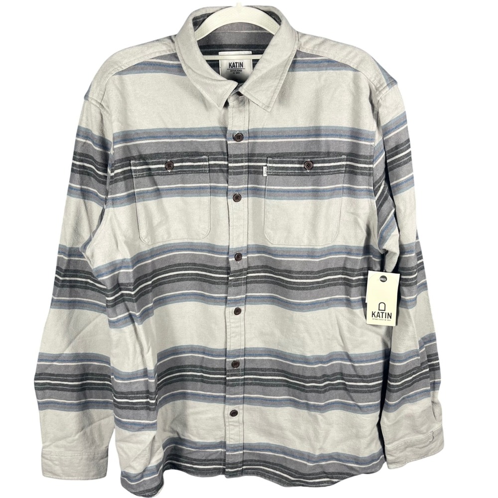 Katin Sierra Flannel Shirt Mens Large Grey Blue Striped Cotton Long Sleeve NWT